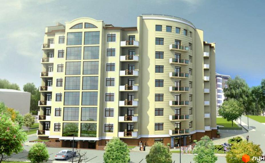 Новобудова на вул. Сахарова, 3а. Багатоповерховий будинок з вигнутим фасадом, балконами та великими вікнами. Навколо будинку зелені насадження та прибудинкова територія з автомобілем.