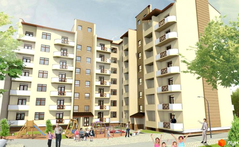 Новобудова на вул. Сахарова, 3а. Комплекс має світлий фасад, балкони з дерев'яними елементами та дитячий майданчик з гойдалками та гіркою.