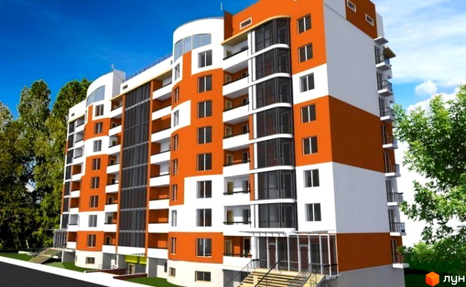 Дизайн новобудови на вул. Громницького з оранжево-білим фасадом та скляними лоджіями. Навколо будинку зелені дерева та блакитне небо.