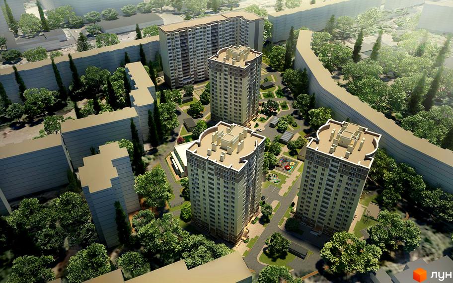 Житловий комплекс SunCity: висотні будинки з сірими фасадами та закругленими кутами, оточені зеленню та дитячими майданчиками. Сучасна архітектура та доглянута прибудинкова територія.
