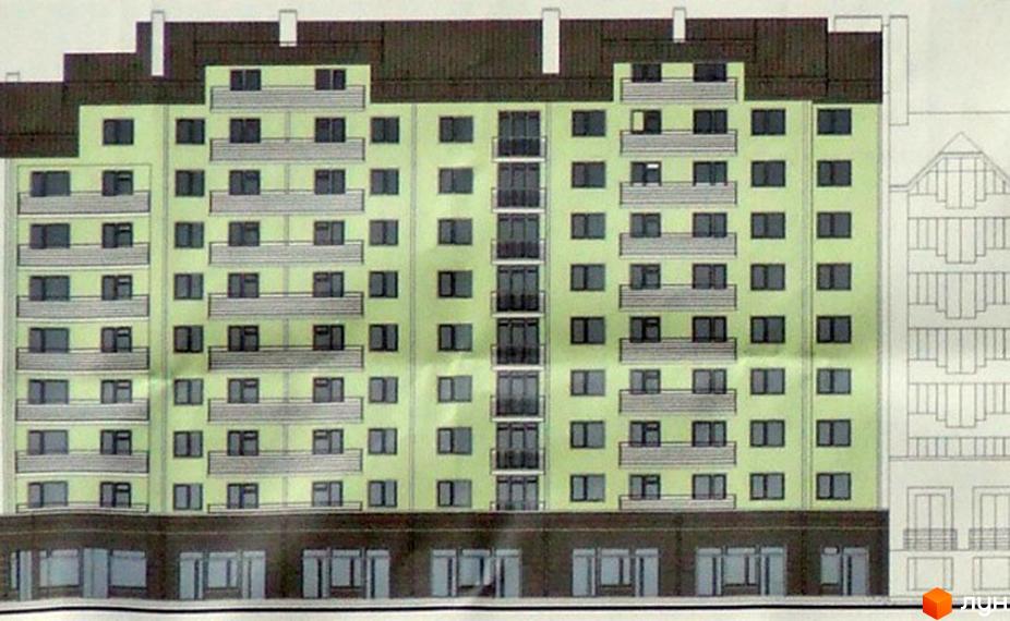 Фасад житлового комплексу на вул. Крушельницької, 53-55, з зеленими стінами, численними балконами та великими вікнами. Будинок має багатоповерхову структуру з різними виступами та заглибленнями.