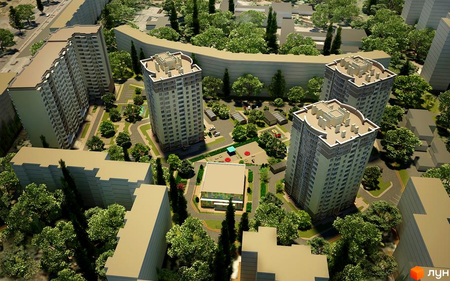 Житловий комплекс SunCity - вид зверху на багатоповерхові будинки та прибудинкову територію з дитячим майданчиком та зеленими насадженнями. Опис новобудови.
