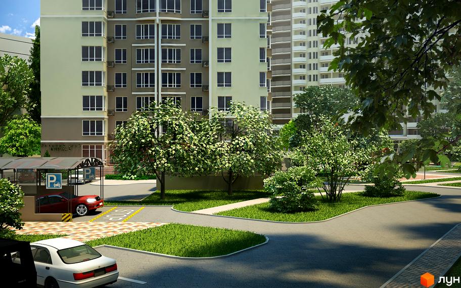 Житловий комплекс SunCity з багатоповерховими будинками та доглянутою прибудинковою територією з деревами та парковкою.