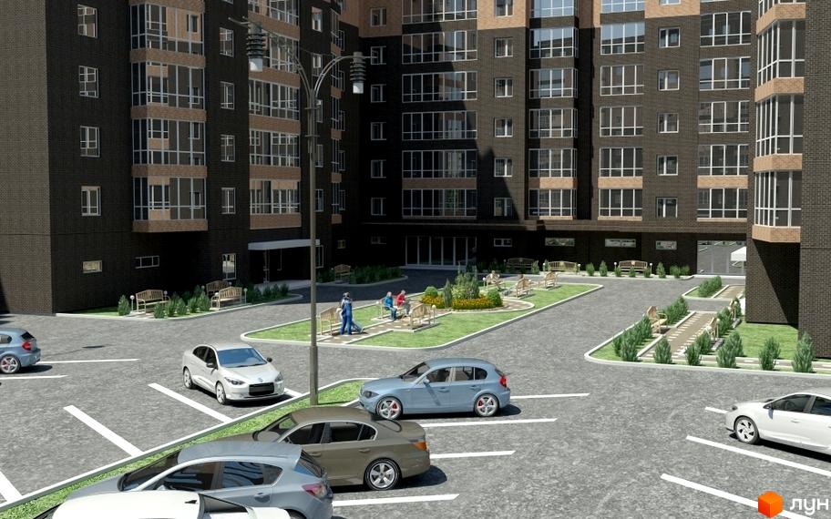 Зображення фасаду та прибудинкової території Житлового комплексу Набережний квартал. Вигляд багатоповерхівки з парковкою та зоною відпочинку.