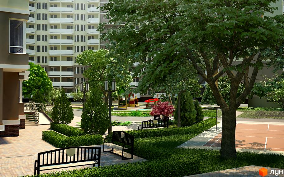 Новобудова SunCity з зеленими деревами та лавками на прибудинковій території. Навколо будинку розташовані зелені насадження, дитячий майданчик та тенісний корт.