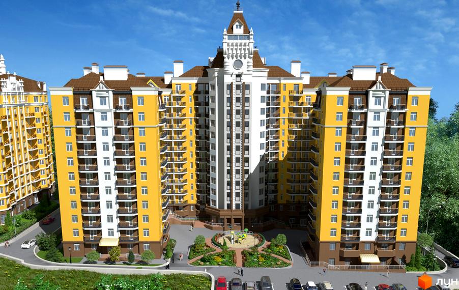 Житловий комплекс Велесгард - фасади жовто-білих будинків з коричневими дахами та балконами. Прибудинкова територія з дитячим майданчиком та зеленими насадженнями.