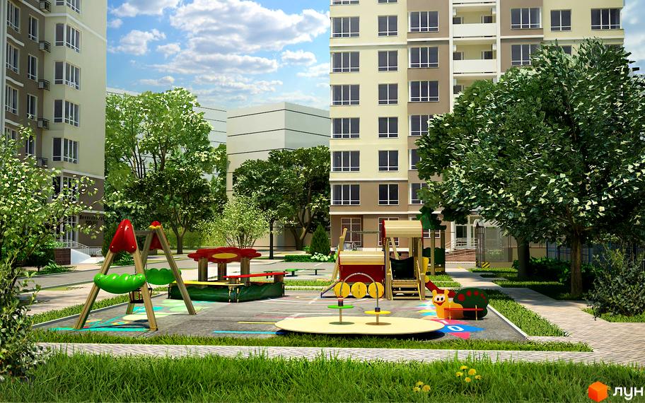 Житловий комплекс SunCity: дитячий майданчик з гойдалками, пісочницею та каруселлю біля багатоповерхових будинків. Зелена прибудинкова територія з деревами та газоном.