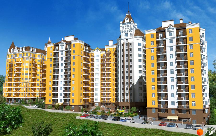 Житловий комплекс Велесгард: фасади жовто-білих будинків з балконами та вежею, зелена територія з парковкою та людьми.