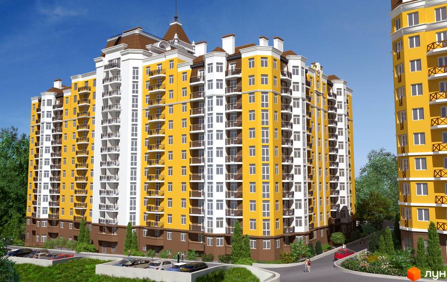 Житловий комплекс Велесгард у жовто-білих кольорах з балконами та зеленим подвір'ям. Фасади новобудови прикрашені декоративними елементами.