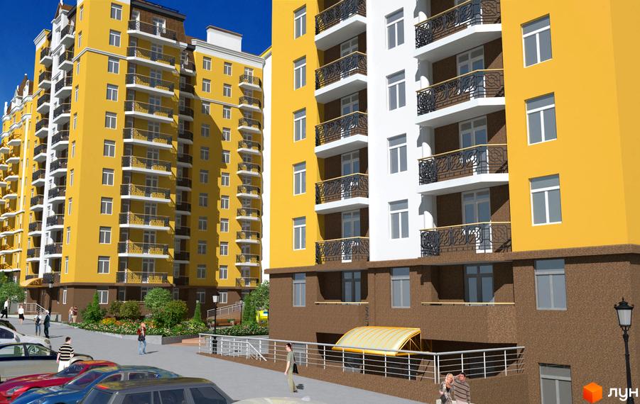 Житловий комплекс Велесгард - фасад жовтого та білого кольору з балконами. Біля будинку розташована прибудинкова територія з парковкою та зеленими насадженнями.