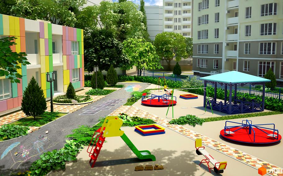 Житловий комплекс SunCity: яскрава фасадна частина будівлі з різнокольоровими панелями та дитячим майданчиком з каруселями, гіркою та пісочницею.