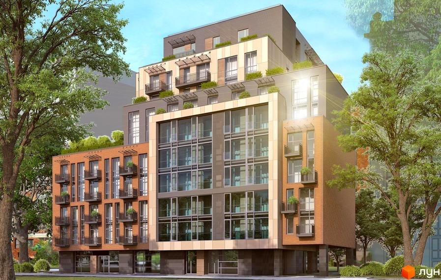 Зовнішній вигляд новобудови ЖК Ясна Поляна 2 з цегляним фасадом, великими вікнами та балконами. Навколо будинку зелені дерева та кущі.
