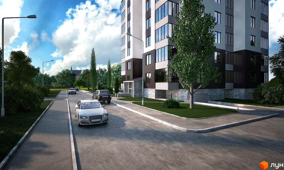 Зовнішній вигляд новобудови ЖК Винний парк з автомобілями на прибудинковій території. Сучасна архітектура та доглянутий двір.