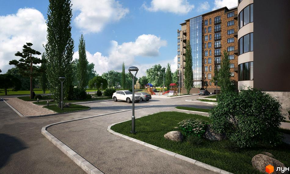 Житловий комплекс Винний парк з цегляним фасадом та скляними елементами. Прибудинкова територія з деревами, газоном та дитячим майданчиком.