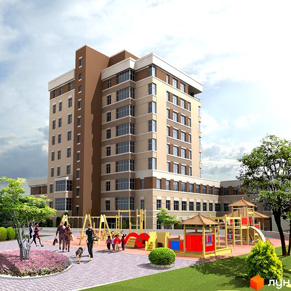 Житловий комплекс Кіровський: багатоповерховий будинок з коричневими та бежевими фасадами, дитячий майданчик з гірками та гойдалками на прибудинковій території.