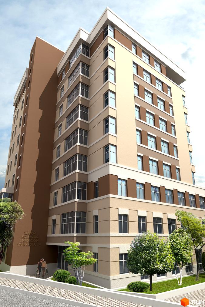 Житловий комплекс Кіровський: багатоповерхова новобудова з коричневими та бежевими фасадами, великими вікнами та доглянутою прибудинковою територією з деревами та кущами.