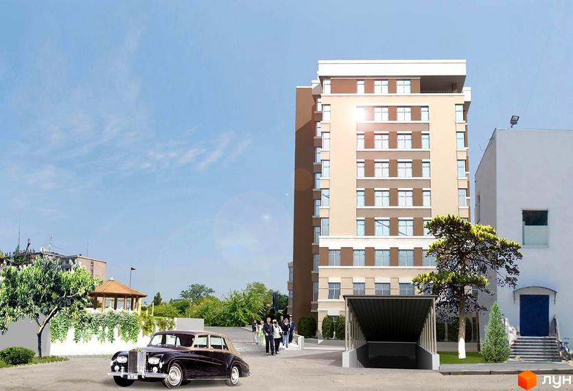 Житловий комплекс Кіровський. Зовнішній вигляд будинку з вікнами та балконами, прибудинкова територія з деревами та автомобілем.