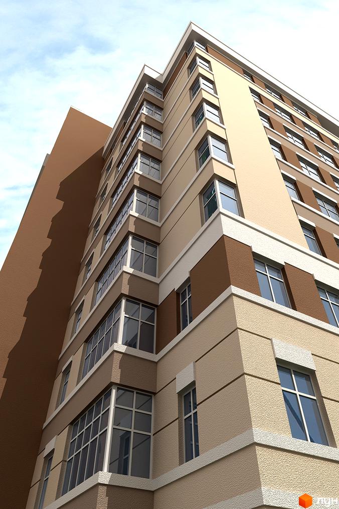 Житловий комплекс Кіровський: фасад будівлі з коричневими та бежевими елементами, великі вікна та балкони. Вид знизу на багатоповерхівку.