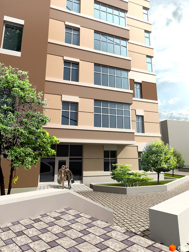 Фасад житлового комплексу Кіровський з вікнами та балконами. На прибудинковій території є дерева та доріжки.