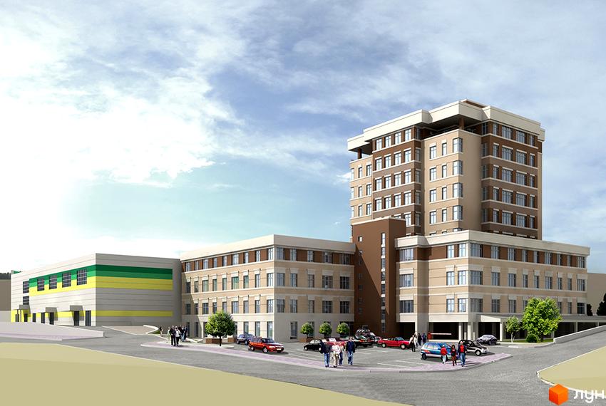 Житловий комплекс Кіровський: багатоповерхова будівля з вежею та прилегла споруда з кольоровими смугами. Навколо парковка з автомобілями та пішоходами.