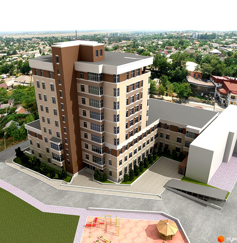 Житловий комплекс Кіровський - багатоповерхова будівля з коричневими та бежевими фасадами, великими вікнами. Прибудинкова територія з зеленими насадженнями та дитячим майданчиком.