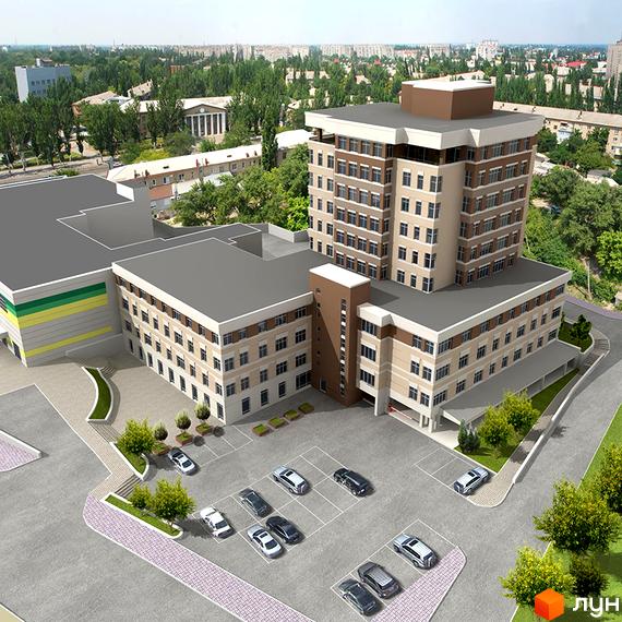 Зовнішній вигляд новобудови ЖК Кіровський: багатоповерхові будівлі з коричневими та бежевими фасадами, велика парковка з автомобілями. Територія навколо комплексу з зеленими насадженнями.