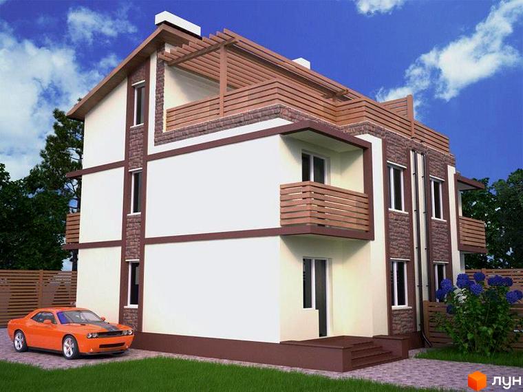 Зовнішній вигляд триповерхового будинку з коричневими елементами та балконами. Поруч припаркований оранжевий автомобіль та зелена галявина.