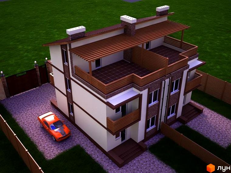 Котеджне містечко Лісове: двоповерховий будинок зі світлими стінами, цегляними вставками та балконами. Прибудинкова територія з доріжками та авто.