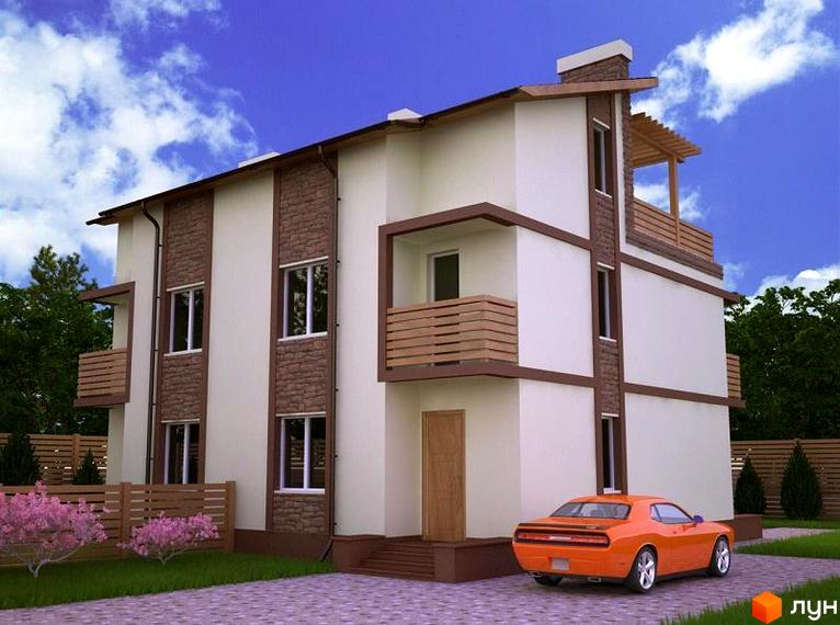 Сучасний триповерховий будинок з коричневими елементами та балконами. На прибудинковій території зелений газон, дерева та оранжевий автомобіль.