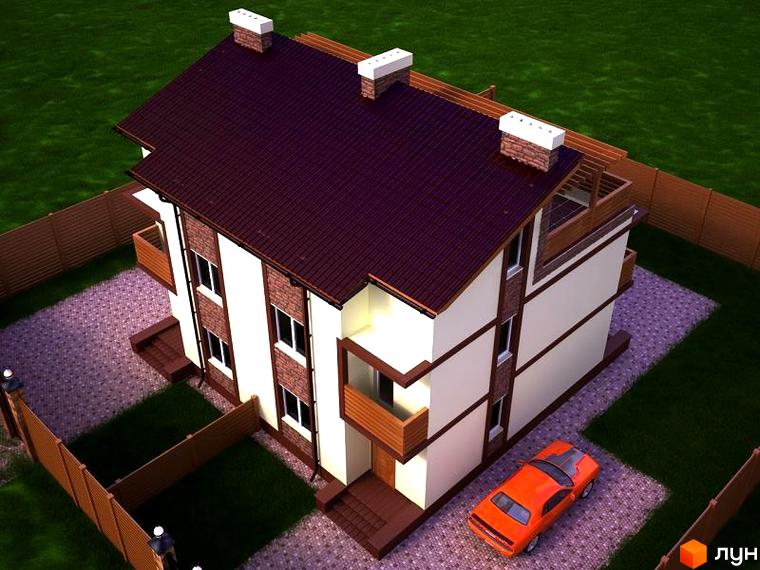 Котеджне містечко КМ Лісове: триповерховий будинок з коричневим дахом, білими стінами та цегляними вставками. Прибудинкова територія з зеленим газоном, бруківкою та парканом.