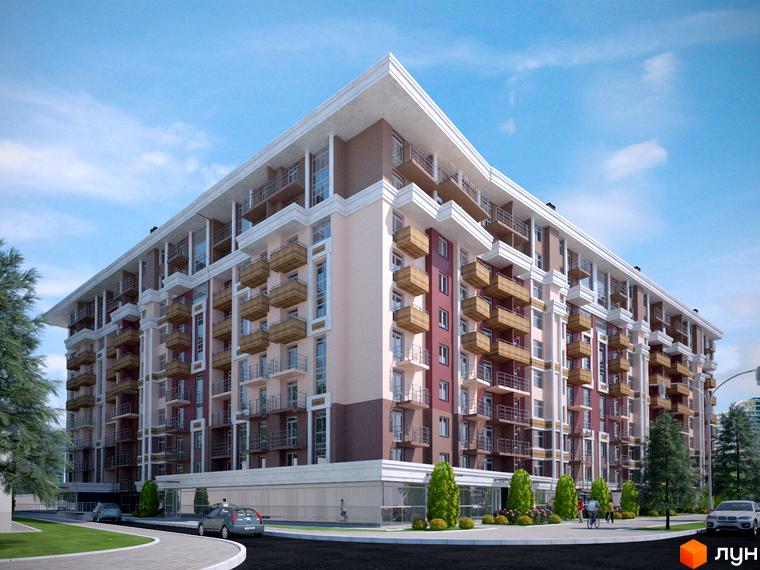 Зовнішній вигляд житлового комплексу на просп. Незалежності, 106а, з балконами та колонами. На прибудинковій території розташовані дерева та автомобілі.