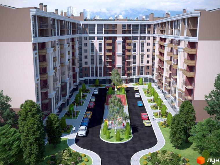 Зовнішній вигляд житлового комплексу на просп. Незалежності, 106а, з багатоповерховими будинками та прибудинковою територією з парковкою та зеленими насадженнями.