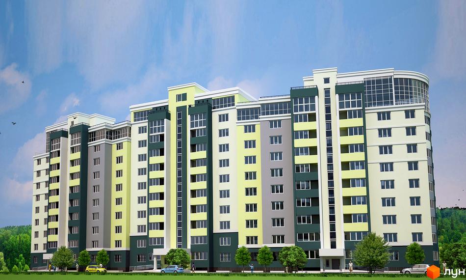 Зовнішній вигляд багатоповерхового житлового комплексу на пр-т Лушпи, 2/2. Будинок має різнокольорові фасади та скляні балкони. Територія перед будинком озеленена деревами та має парковку.