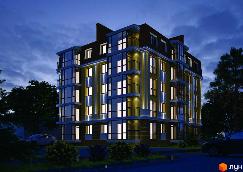 Клубний будинок Покровська, 9 з фасадом жовтого кольору та великими вікнами. Навколо будинку зелені насадження та припарковані автомобілі.