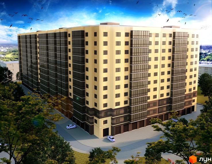 Зовнішній вигляд багатоповерхового житлового комплексу Сімейний з жовтим фасадом та темними вікнами. Навколо будинку розташовані дерева та дорога з автомобілями.