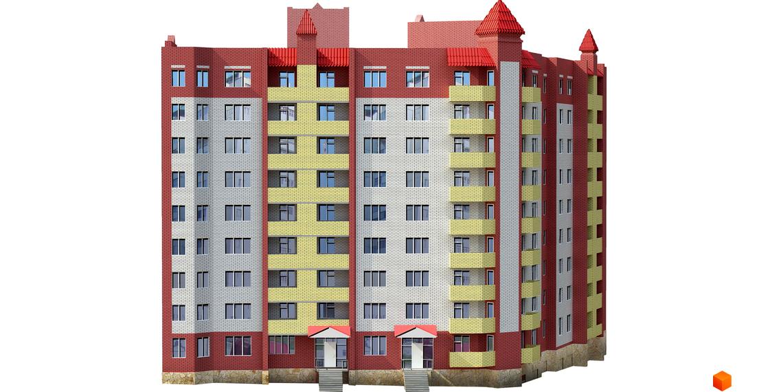 Зовнішній вигляд житлового комплексу на вул. Володимира Лучаковського / Надзбручанська. Багатоповерховий будинок з червоної та світлої цегли, з балконами та червоним дахом.