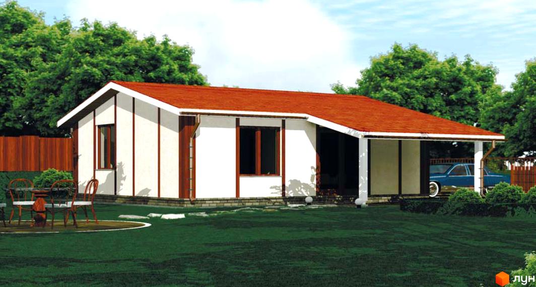 Котеджне містечко КМ Родзинка: одноповерховий будинок з червоним дахом та навісом для авто. Прибудинкова територія з газоном, деревами та зоною відпочинку.