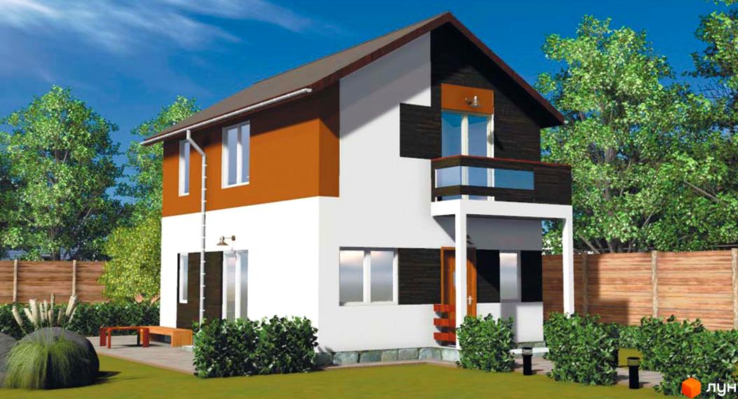 Котеджне містечко Родзинка: двоповерховий будинок з коричневою та білою обшивкою, балконом та зеленими насадженнями навколо. На території є дерев'яний паркан та лавочка.