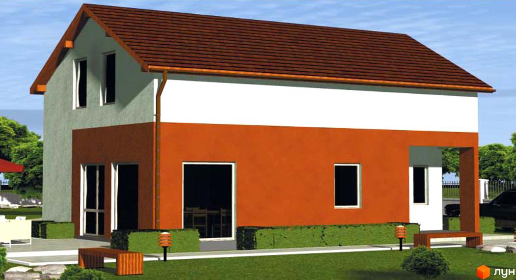 Котеджне містечко Родзинка: двоповерховий будинок з коричневим дахом, білою та помаранчевою стінами, великими вікнами та зеленими насадженнями навколо. На прибудинковій території видно лавки та ліхтарі.