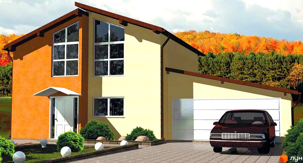 Котеджне містечко Родзинка: двоповерховий будинок з оранжевим та світло-жовтим фасадом, великими вікнами та прибудинковою територією з деревами та автомобілем.