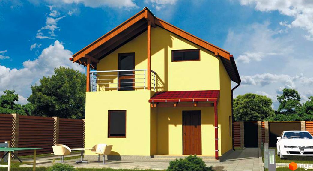 Котеджне містечко Родзинка: двоповерховий жовтий будинок з червоним дахом та балконом. Прибудинкова територія з парканом, деревами та автомобілем.