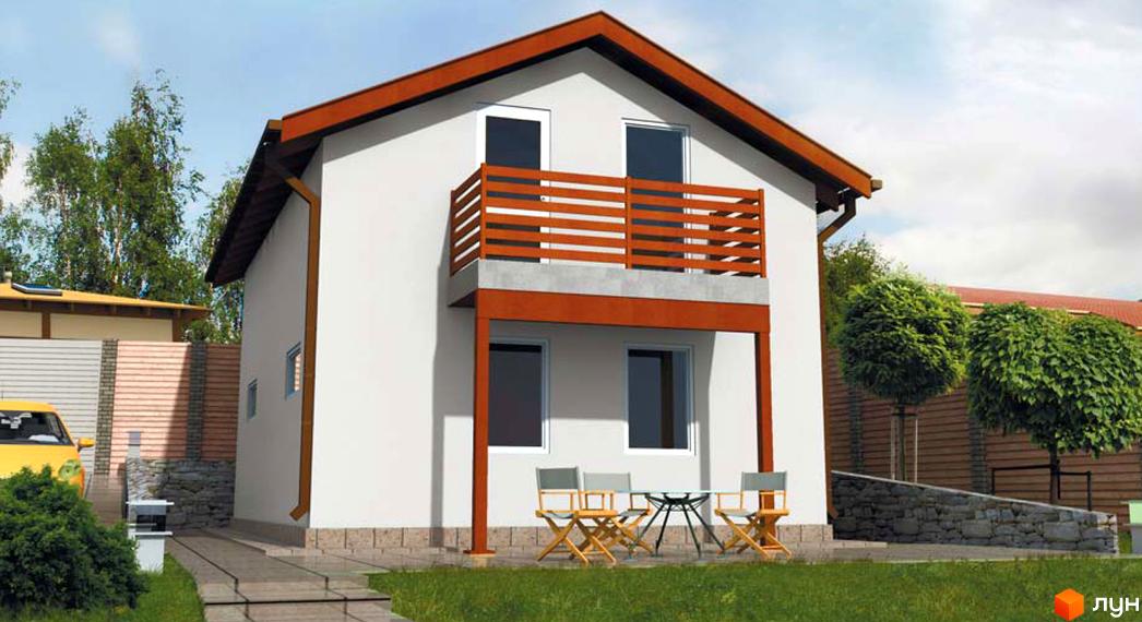 Котеджне містечко Родзинка: двоповерховий будинок з балконом, вікнами та терасою на прибудинковій території з газоном та деревами.