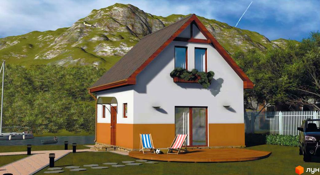 Котеджне містечко КМ Родзинка: двоповерховий будинок з білими стінами та коричневим цоколем, терасою, двома шезлонгами та дитячим м'ячем. На задньому плані гори та зелені дерева.