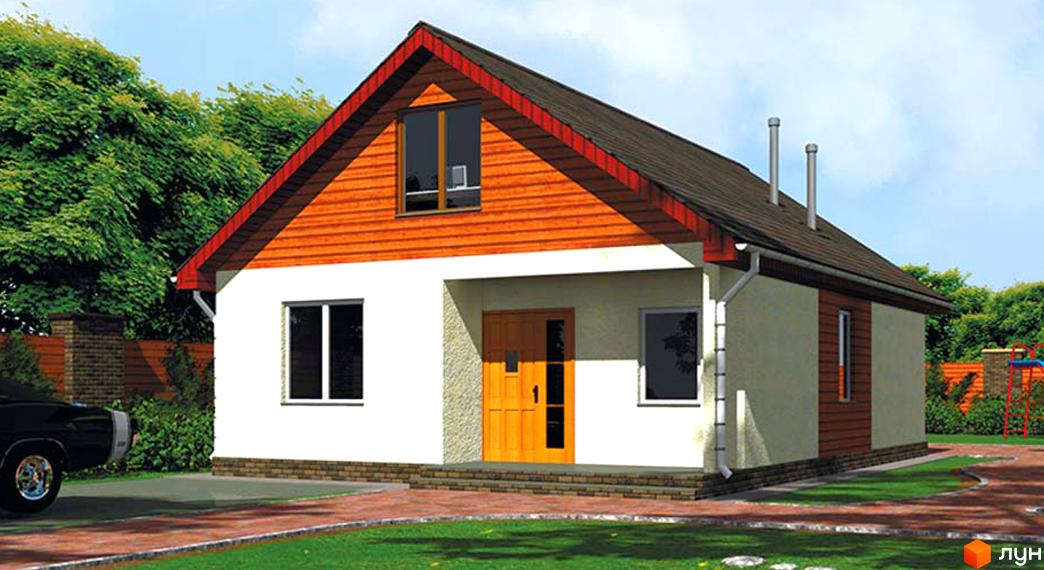 Котеджне містечко Родзинка: одноповерховий будинок з дерев'яним фронтоном та червоною черепицею. Прибудинкова територія з зеленим газоном та доріжками.