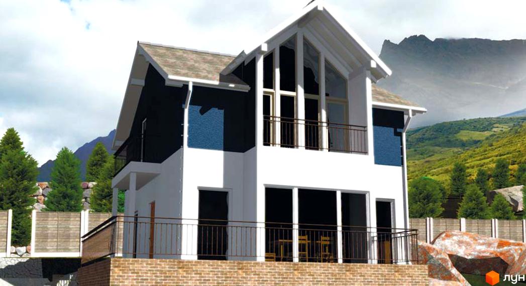 Котеджне містечко Родзинка - двоповерховий будинок з великими вікнами та балконом на другому поверсі. Навколо будинку розташована прибудинкова територія з парканом та зеленими насадженнями.