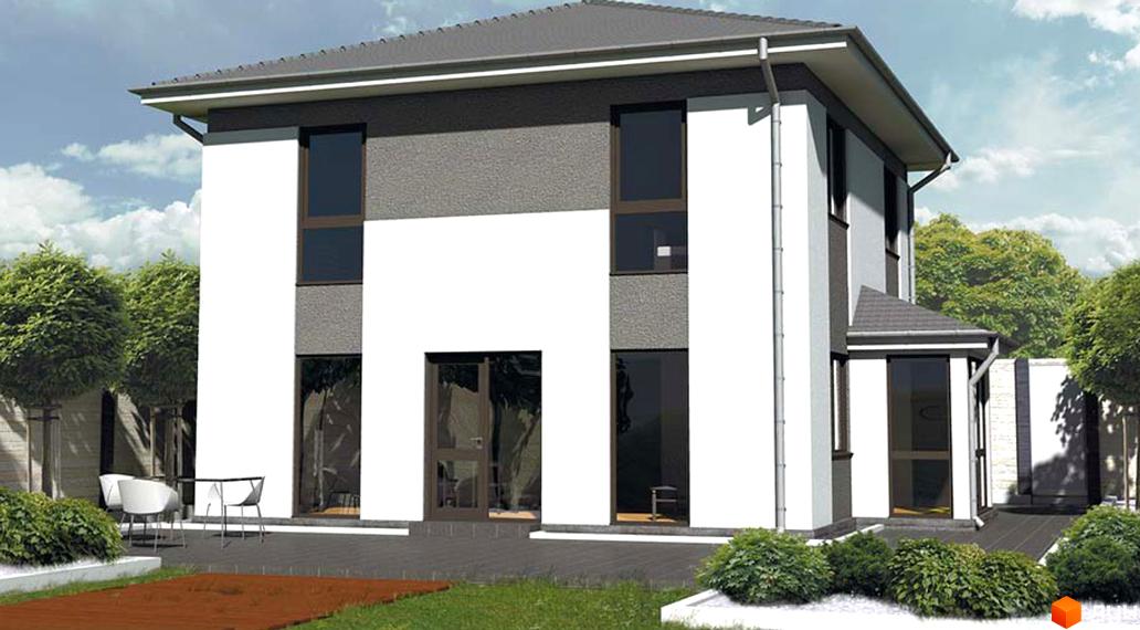 Зовнішній вигляд двоповерхового будинку в КМ Родзинка з великими вікнами та сірим фасадом. Навколо будинку зелені насадження та тераса з меблями.