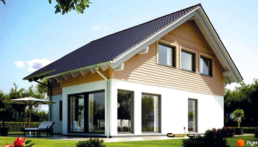 Котеджне містечко Родзинка: двоповерховий будинок з темним дахом, світлими стінами та дерев'яним оздобленням фасаду. Поруч зелений газон, парасолька від сонця та шезлонг.