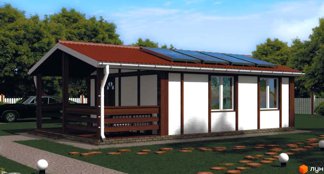 Котеджне містечко Родзинка: одноповерховий будинок з червоним дахом, сонячними панелями та верандою. Навколо будинку зелена галявина з доріжкою та декоративними ліхтарями.