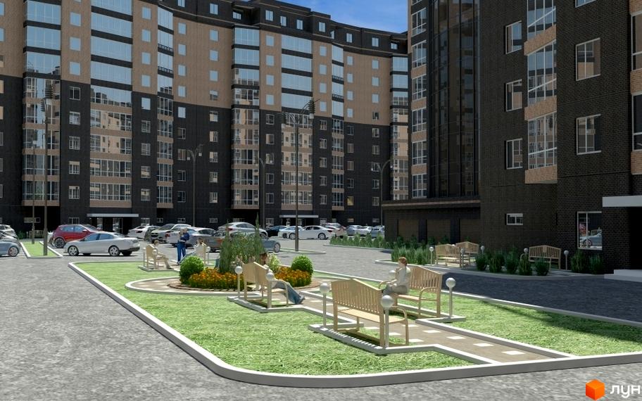 Зображення житлового комплексу Набережний квартал. Багатоповерховий будинок з облаштованою прибудинковою територією, лавками та газонами.