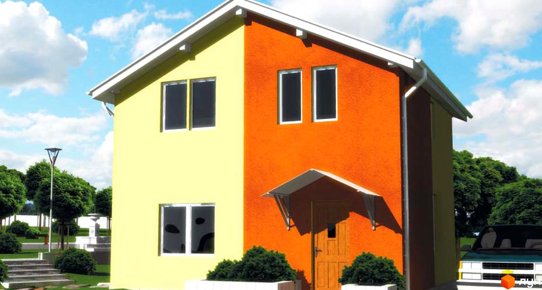 Котеджне містечко Родзинка: двоповерховий будинок з жовтою та помаранчевою стінами, вікнами та дверима. Навколо будинку зелені дерева та доглянута територія.